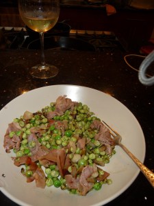 Sauteed peas, shallots and prosciutto