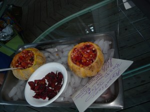 Grilled corn, fruit and beet salsa in Jenny Lind bowls with beet chips on side