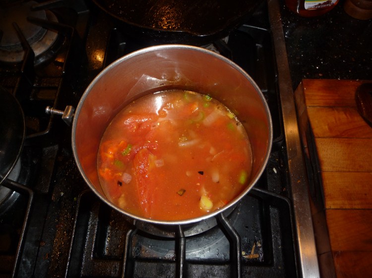Tomato white wine soup about to simmer